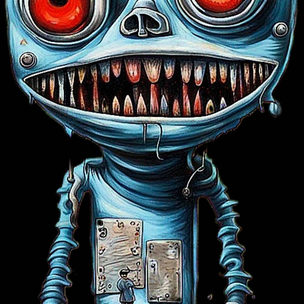 Blue Metallic Robot Poster with Red Eyes and Sharp Teeth